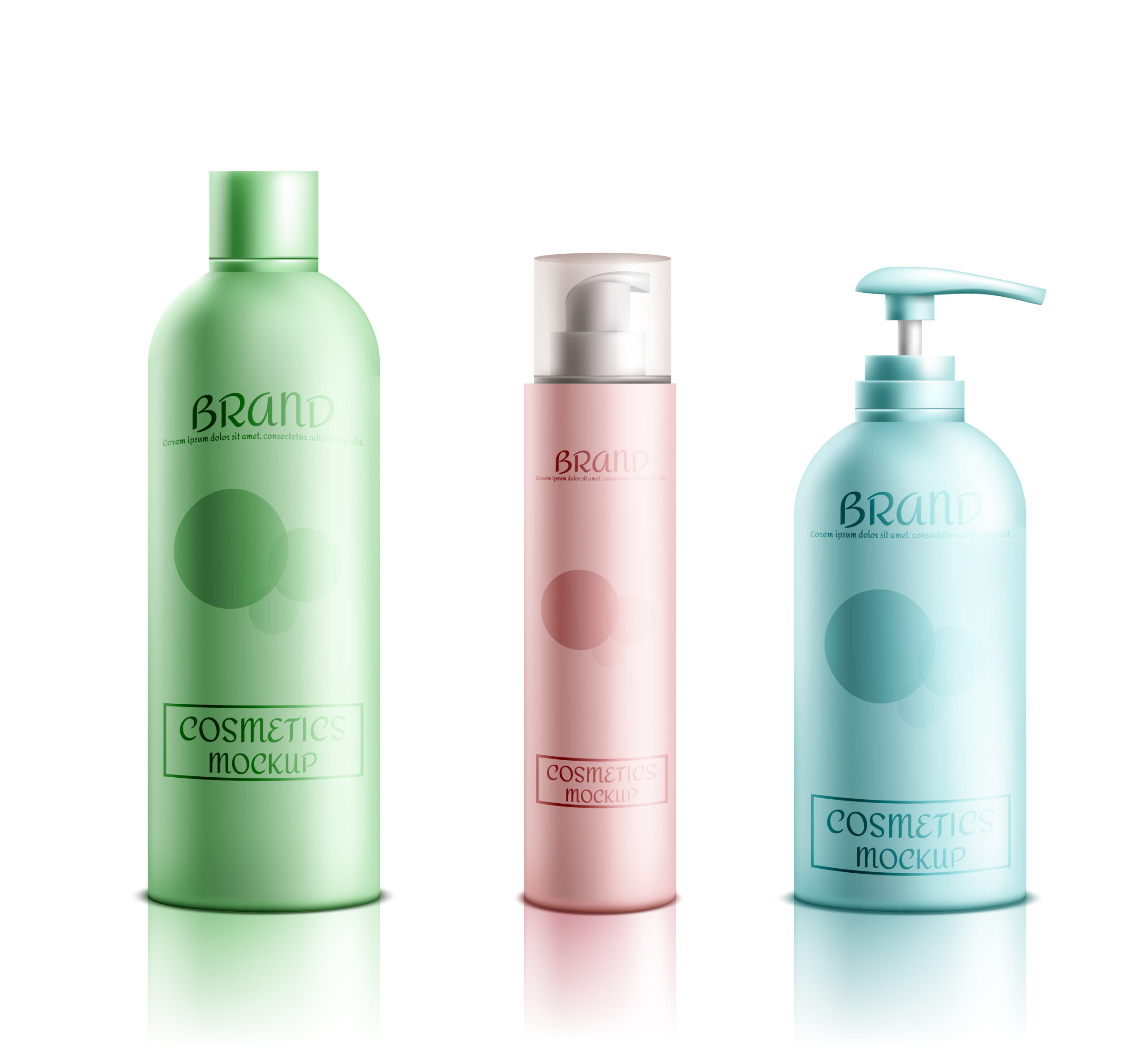 Skincare cosmetics products line packaging mockup 3d realistic vector isolated on white background. Color shampoo, lotion tube, liquid soap bottle with dispenser, deodorant sprayer illustration